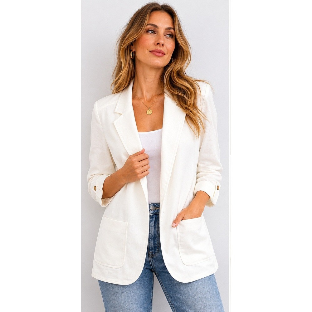 JONES NEW YORK Linen Blend Open Front Blazer Coastal Career Ivory Sz M